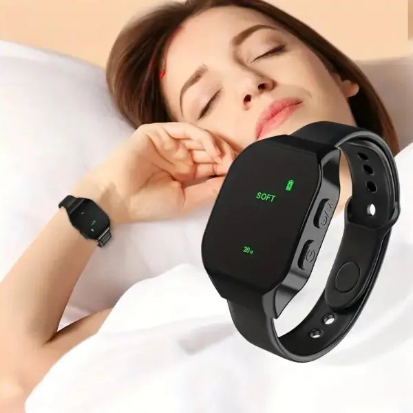 Woman sleeping with EMS sleep device on her wrist, demonstrating wearable microcurrent sleep therapy for nighttime rest support
