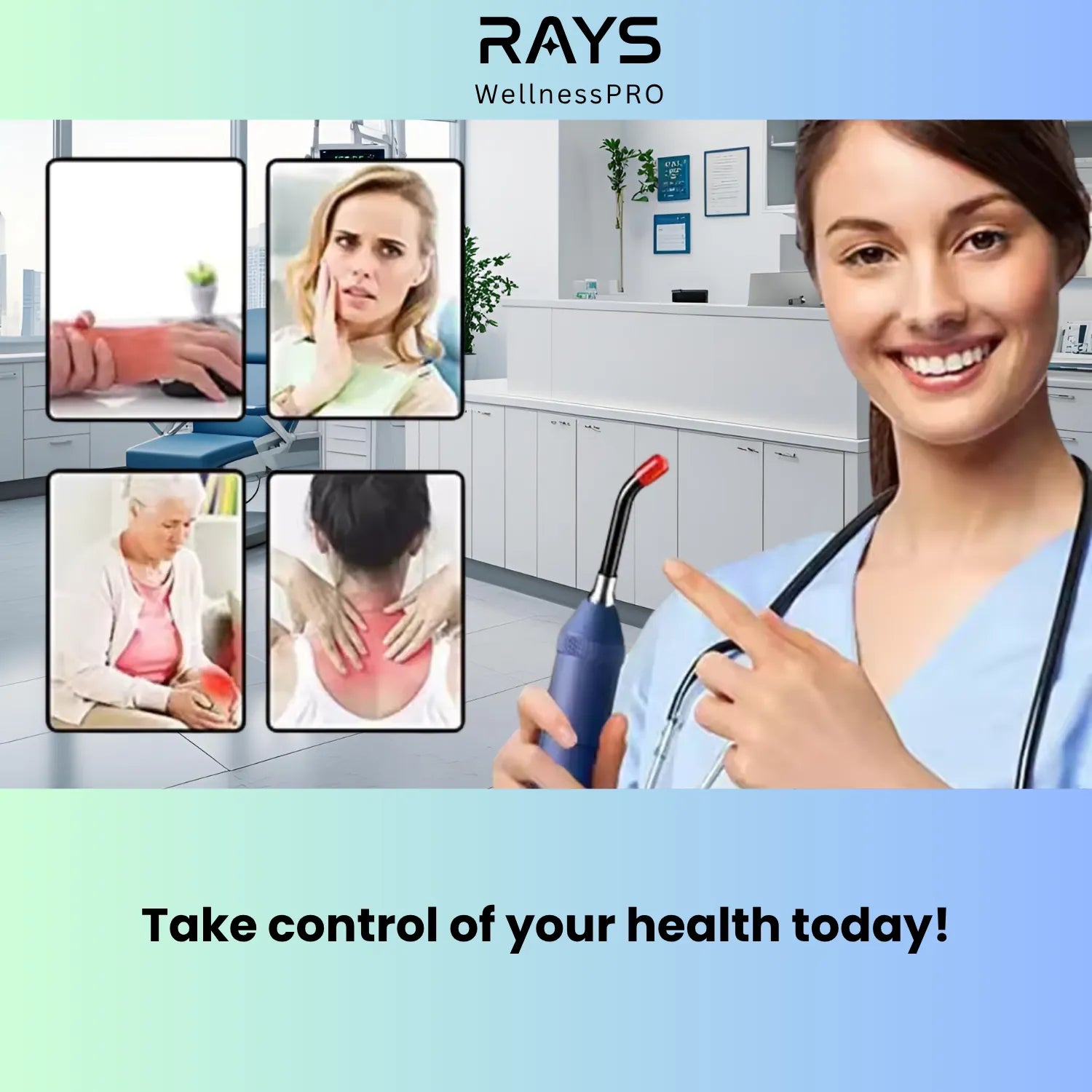 Nurse demonstrating red light therapy benefits for joint, neck, and back pain relief