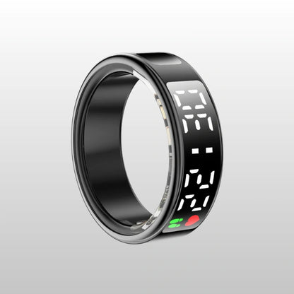 RAYS ALLY touchscreen smart ring with sleek black design, digital display, and heart rate icon for fitness and wellness tracking