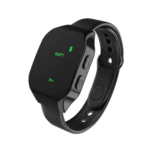 Black EMS wristband with digital display showing soft mode – lightweight wearable designed for relaxation and nightly comfort