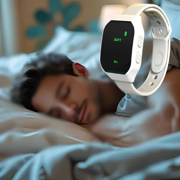 Man sleeping peacefully while wearing the EMS sleep band, which delivers low-level microcurrent pulses to aid sleep onset and depth