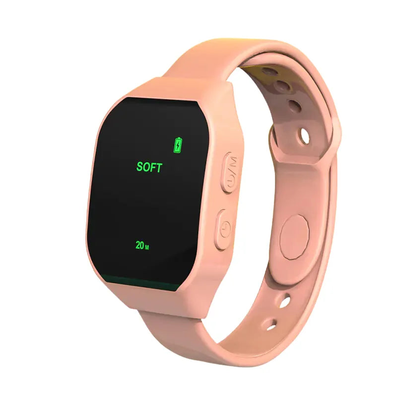 Pink EMS wristband with digital display showing soft mode – lightweight wearable designed for relaxation and nightly comfort