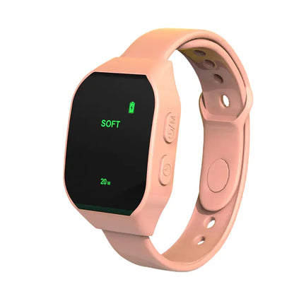 Pink EMS wristband with digital display showing soft mode – lightweight wearable designed for relaxation and nightly comfort