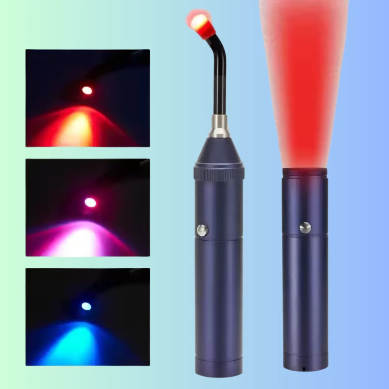 Handheld red light wellness pen with removable attachment head showing red, blue, and infrared LED light modes for relaxation and daily use