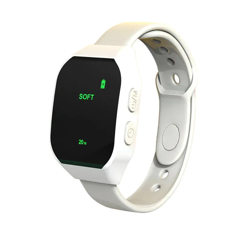 White EMS wristband with digital display showing soft mode – lightweight wearable designed for relaxation and nightly comfort